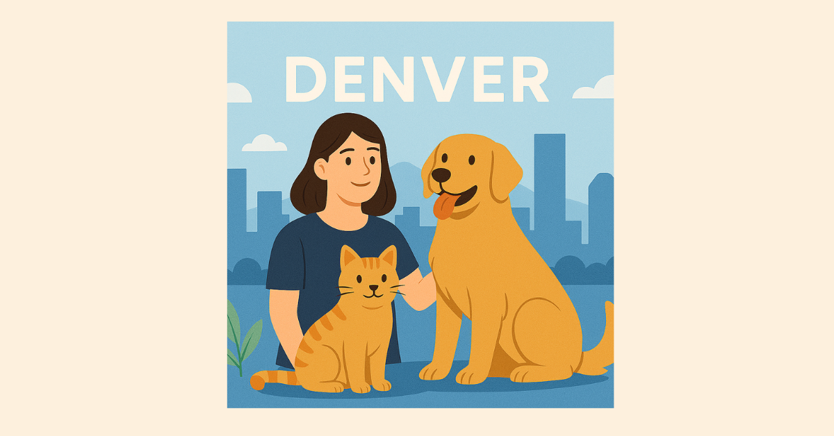 Dog and cat with Denver skyline in the background