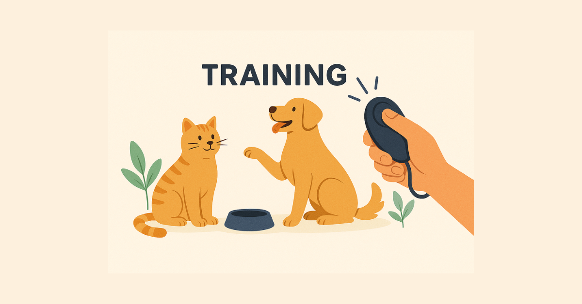 Owner training a dog with positive reinforcement